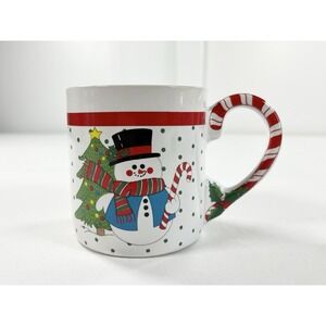 Vintage 80s Snowman & Christmas Tree Holiday Mug w/Candy Cane Handle Collectible